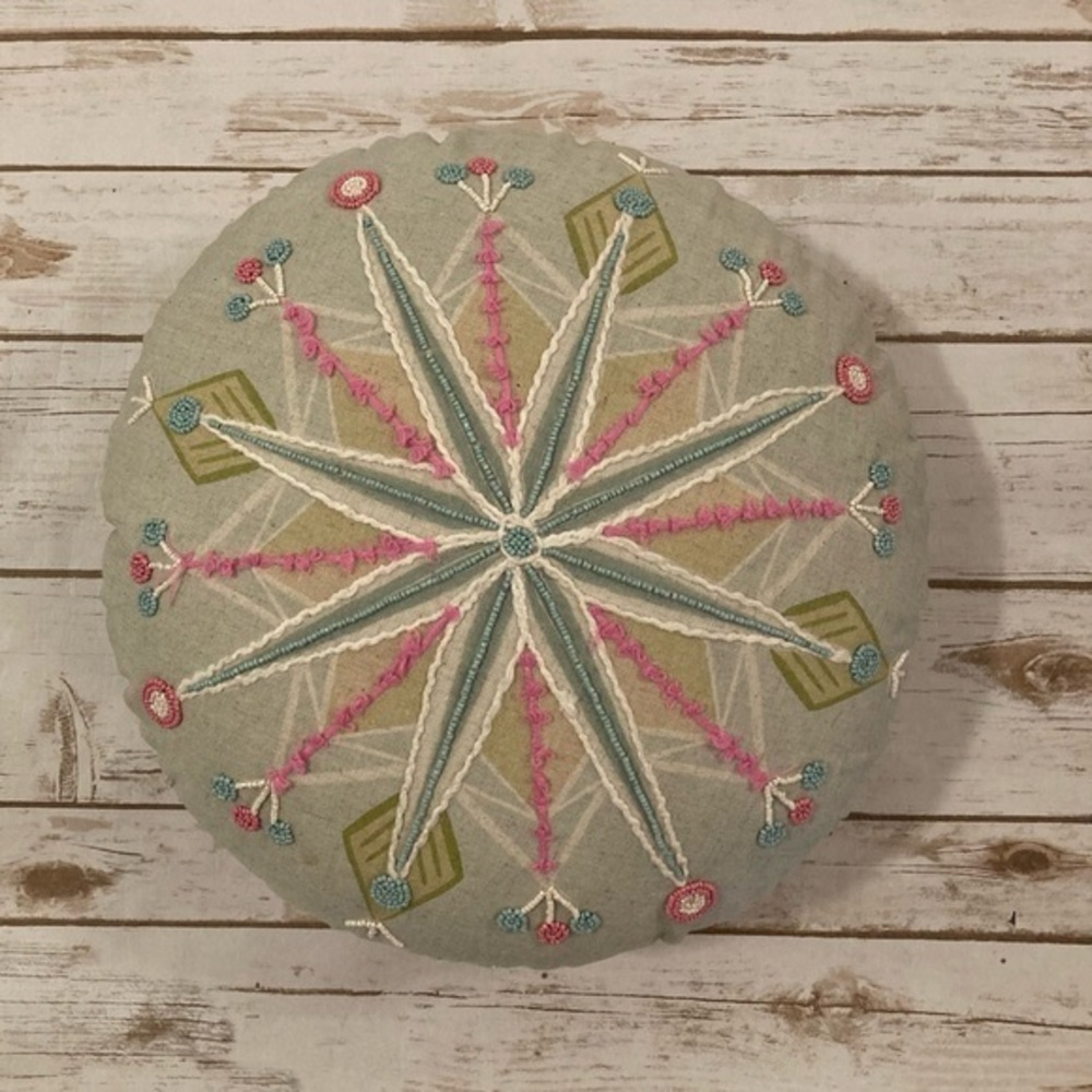 Creative Co-Op, Multicolor Round Cotton Embroidered Pillow With Snowflake/Beads